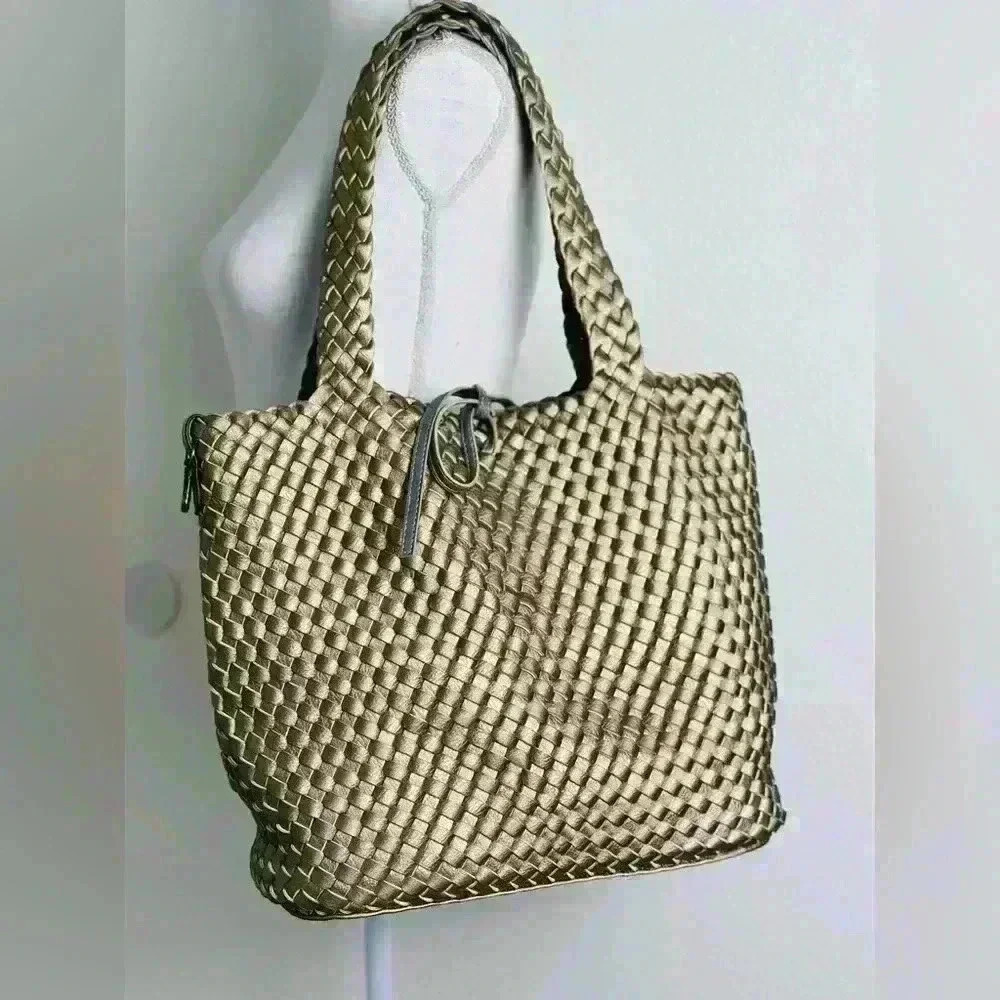 Large Woven Vegan Metallic Tote Bag With Tie Closure.